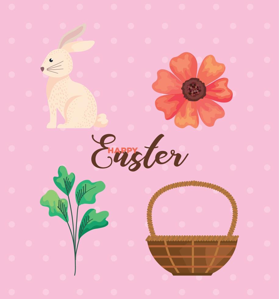 bundle of four happy easter celebration icons and lettering vector
