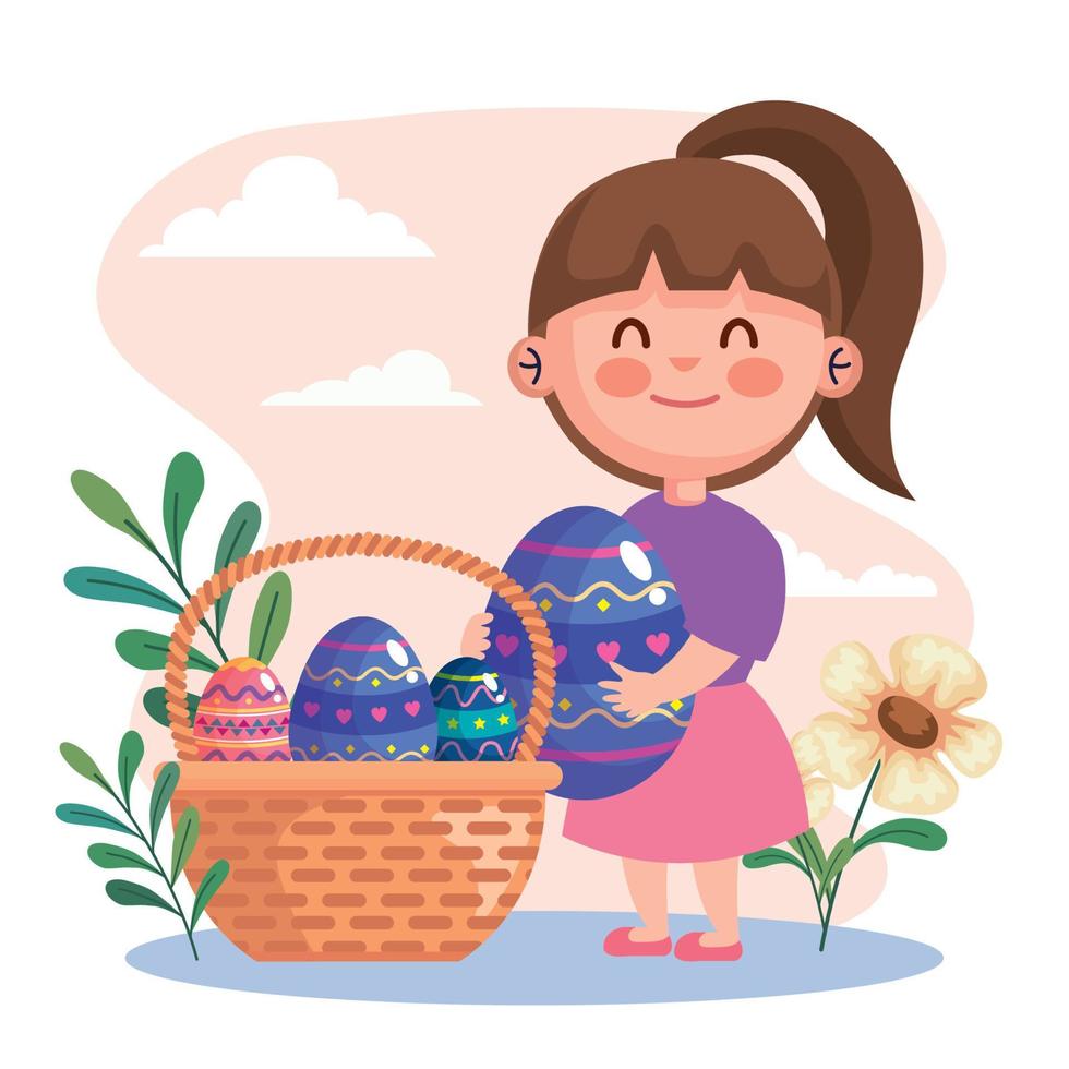 feliz tarjeta de celebración de pascua con una niña levantando huevos en una canasta vector