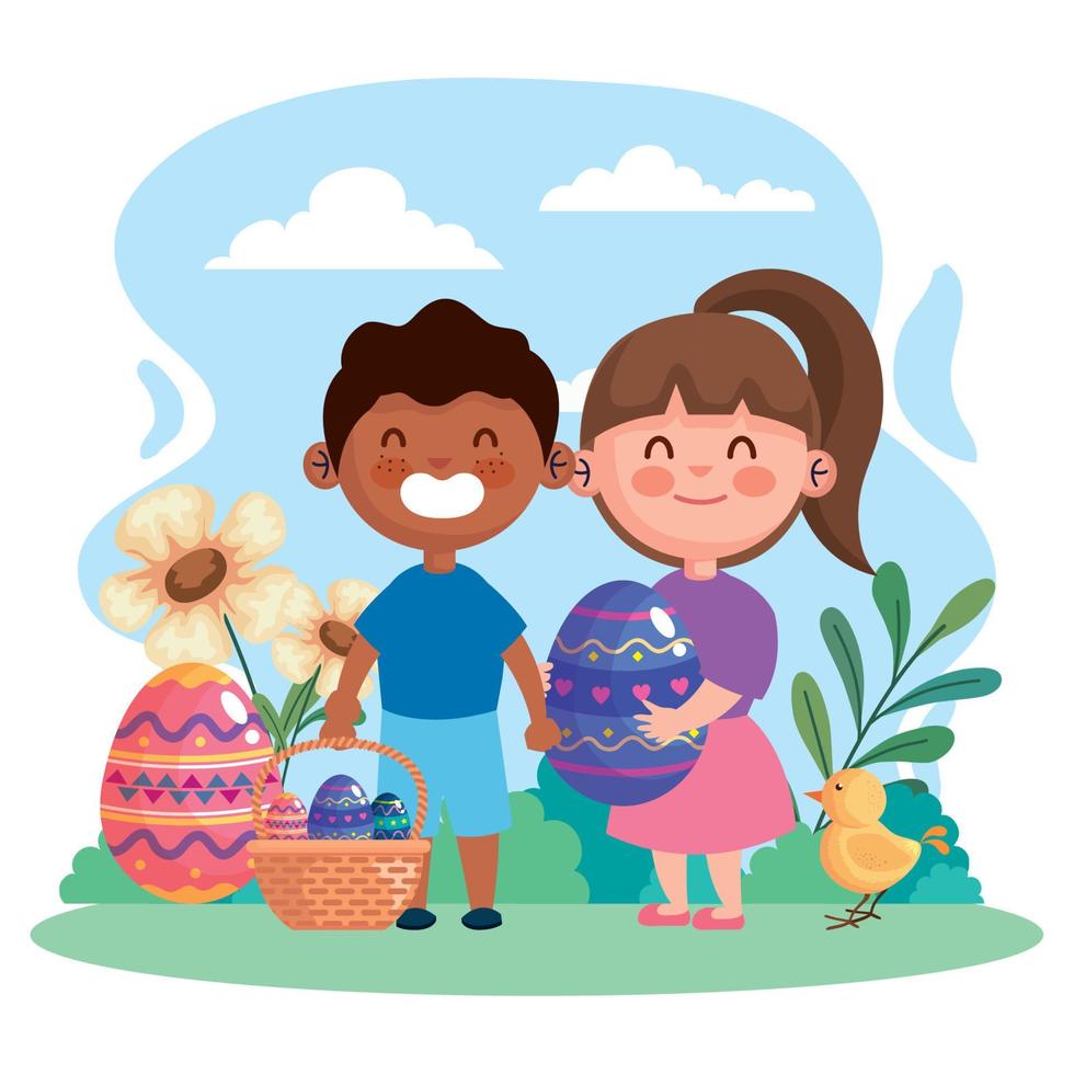 feliz tarjeta de celebración de pascua con huevos y pareja de niños pequeños interraciales vector