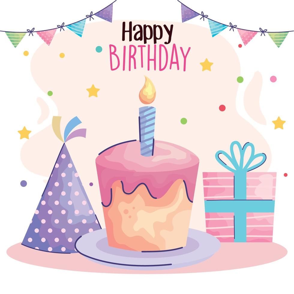 happy birthday lettering with cake and gift acuarela style vector