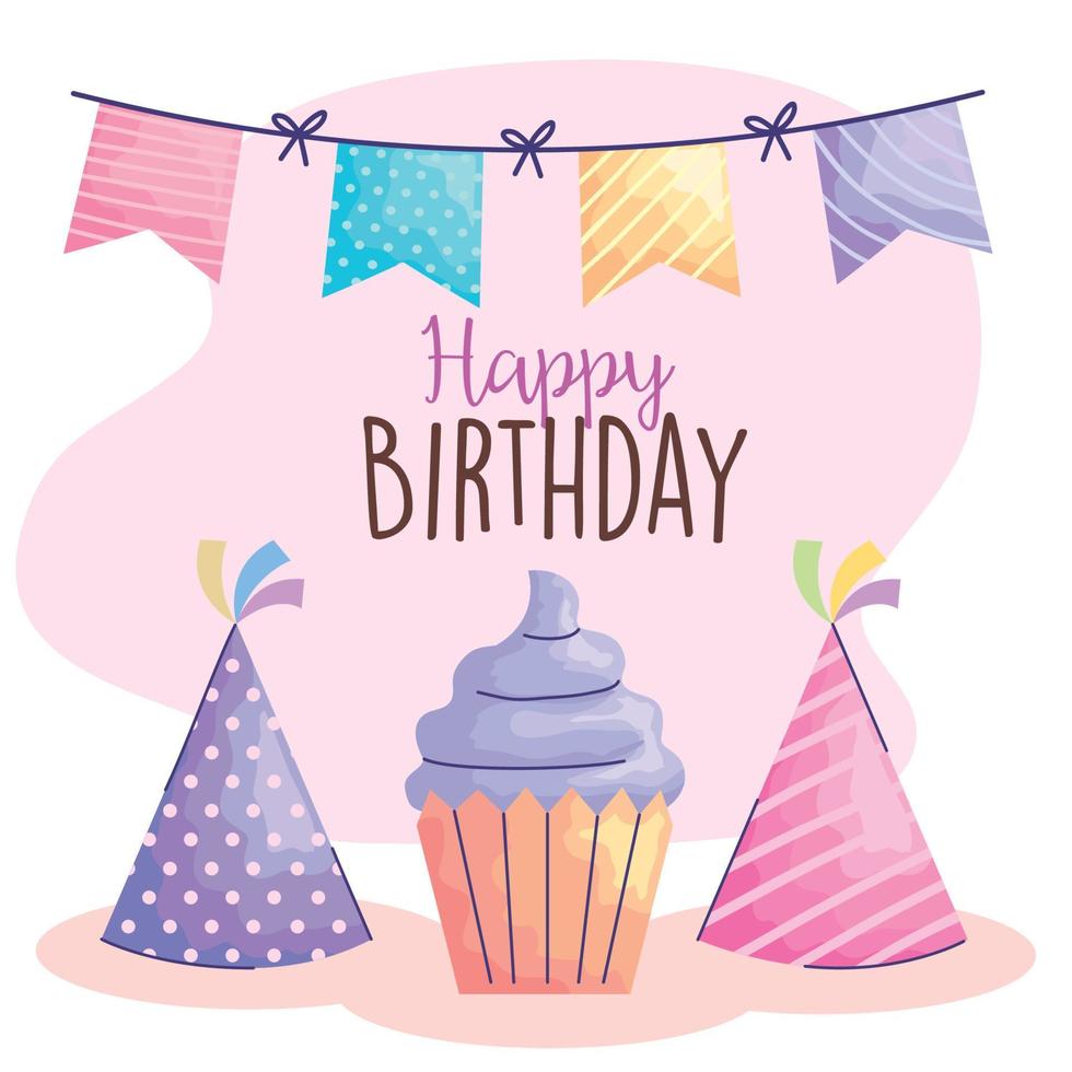 happy birthday lettering with cupcake and hats acuarela style vector