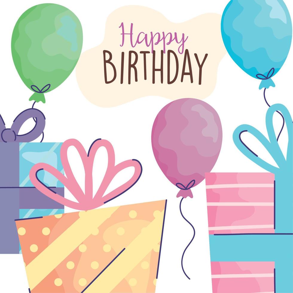 happy birthday lettering with gifts presents and balloons helium acuarela style vector