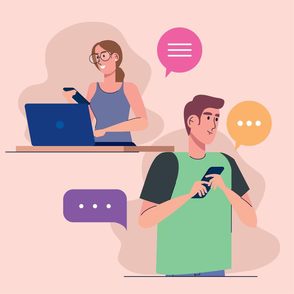 young couple using smartphone and laptop characters vector