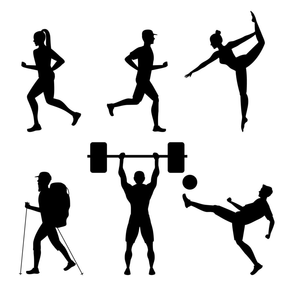 bundle of six athletes practicing sports black silhouettes vector