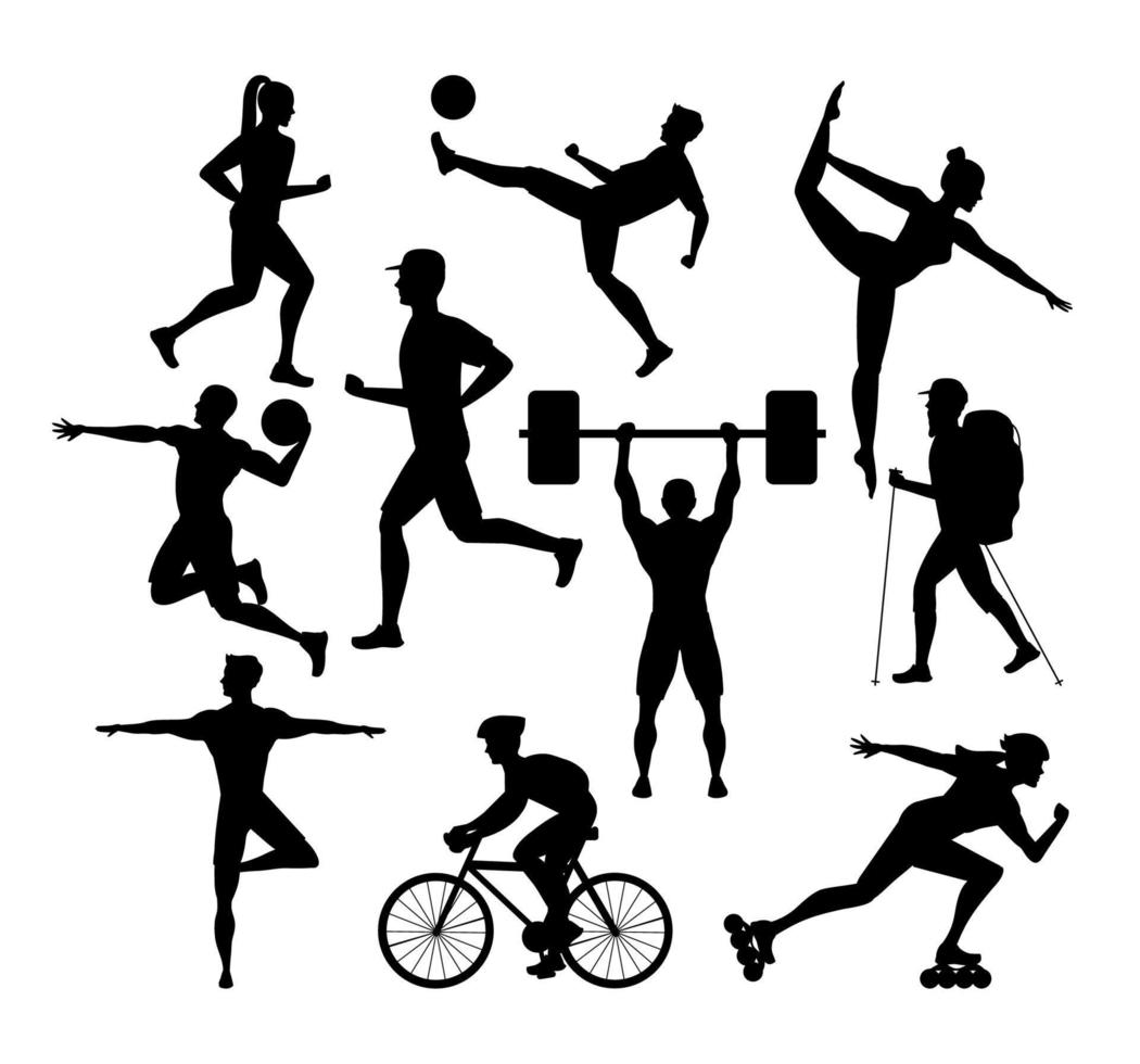 bundle of ten athletes practicing sports black silhouettes vector