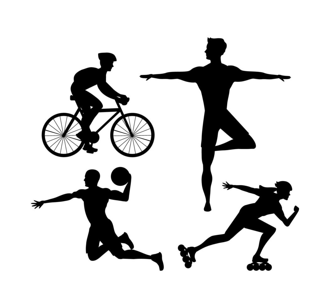 grupo de cuatro atletas practicando deportes siluetas negras vector