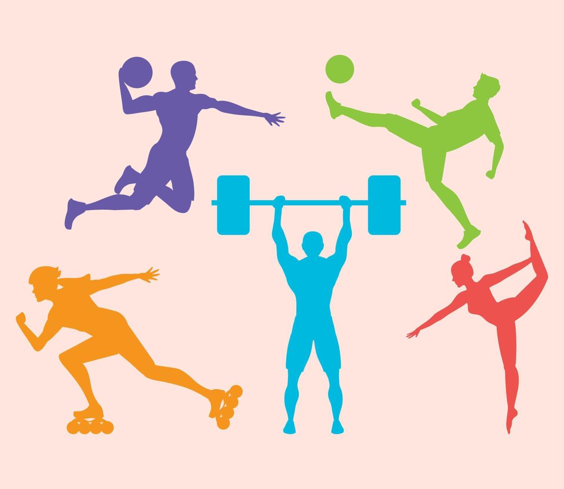 bundle of five athletes practicing sports colorful silhouettes vector