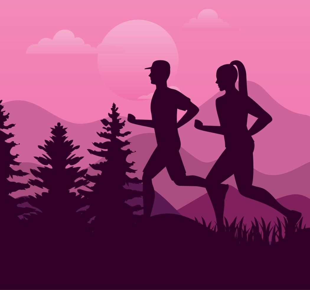 couple athletes running sport silhouettes in the camp vector