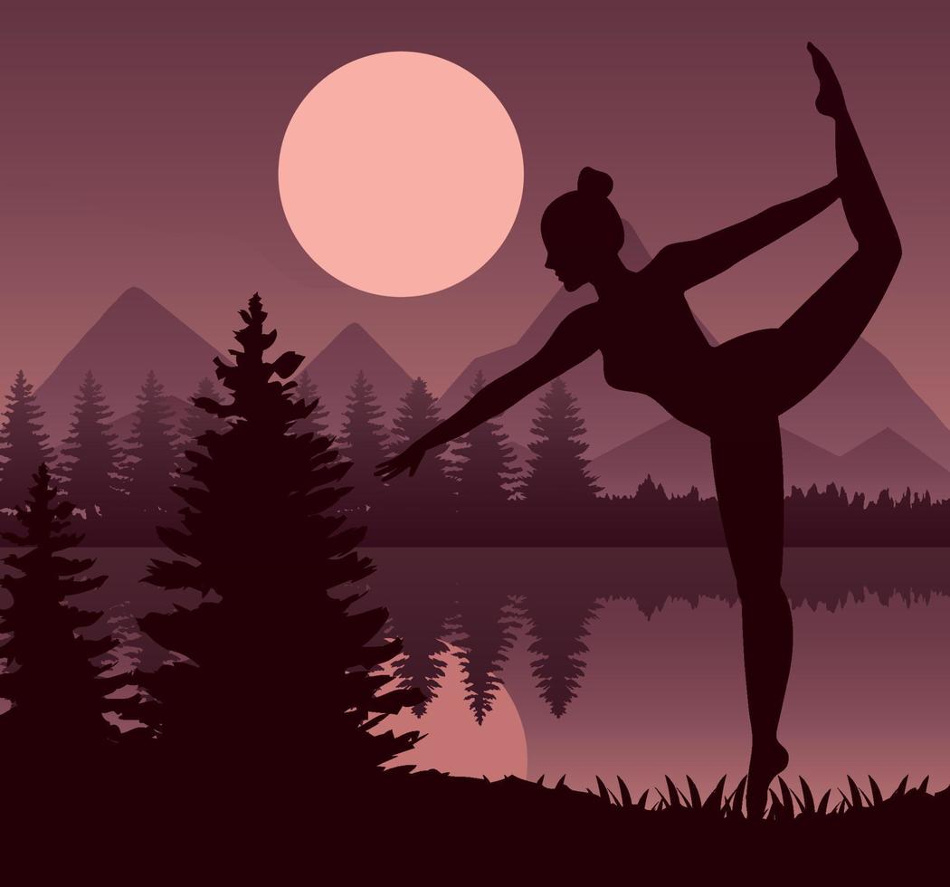 female athlete dancing ballet sport silhouette in the lake scene vector