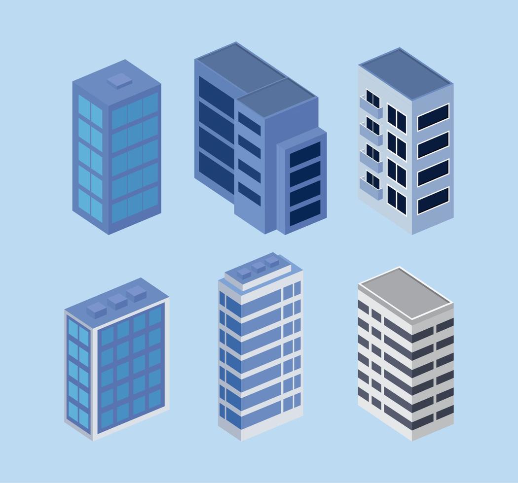 buildings six icons vector