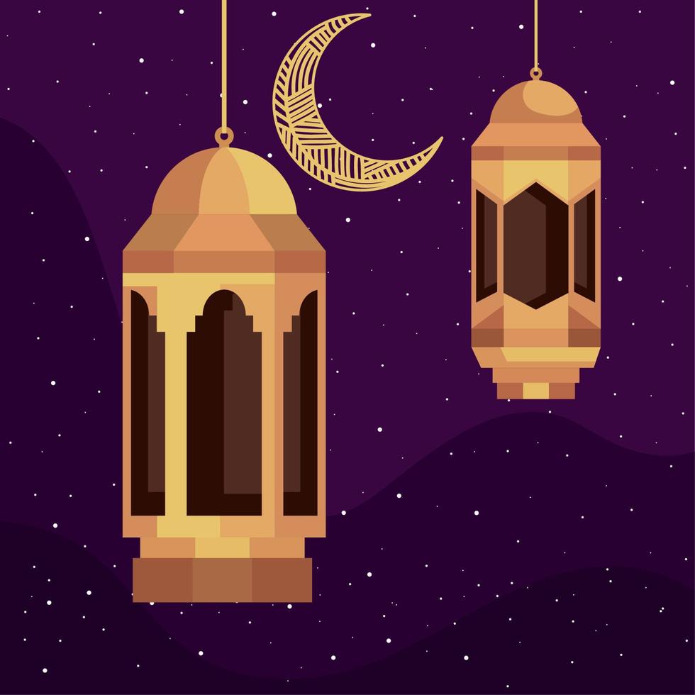 lanterns and crescent moon vector