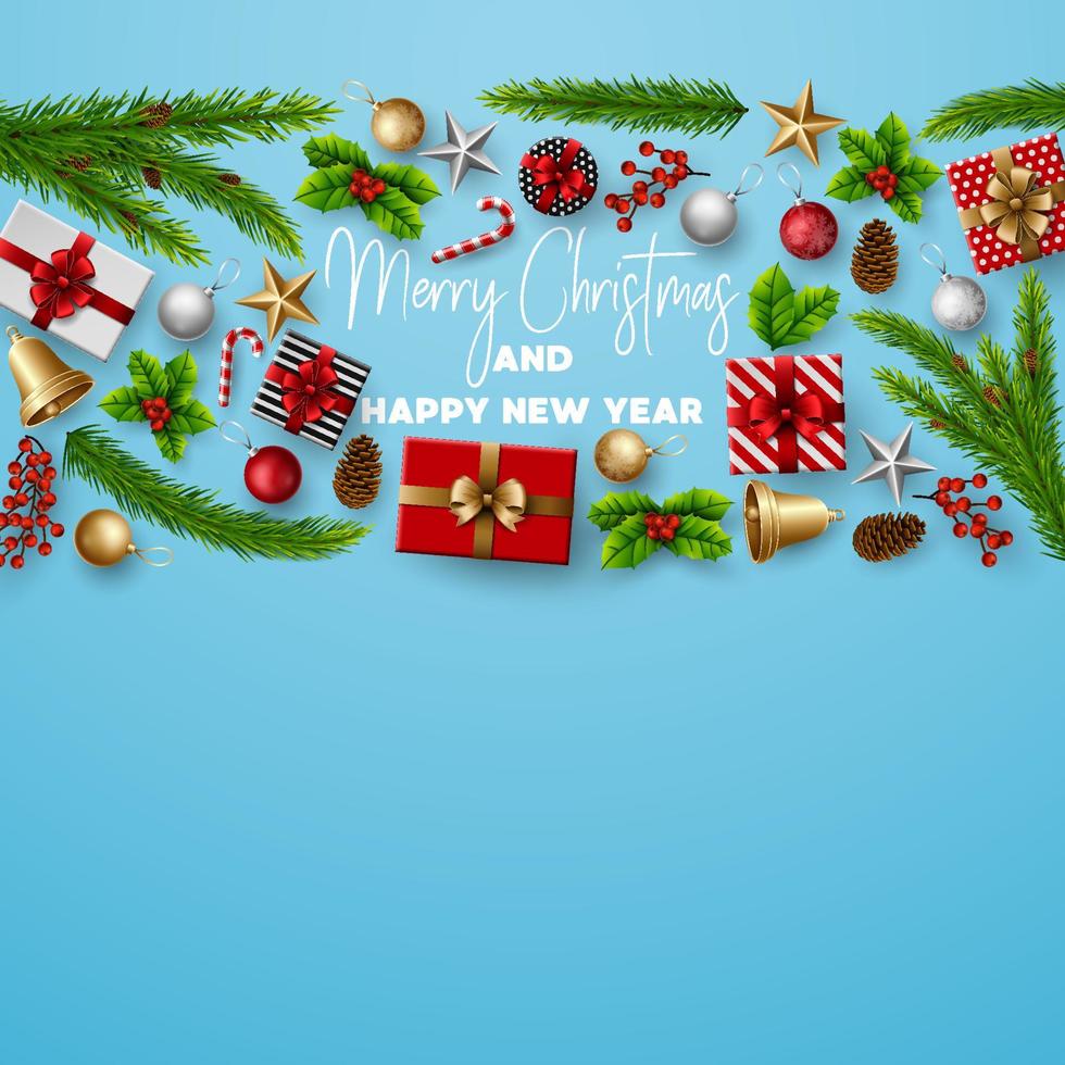 Christmas and Happy new year greeting card Composition of Elements with Christmas Decorations. vector