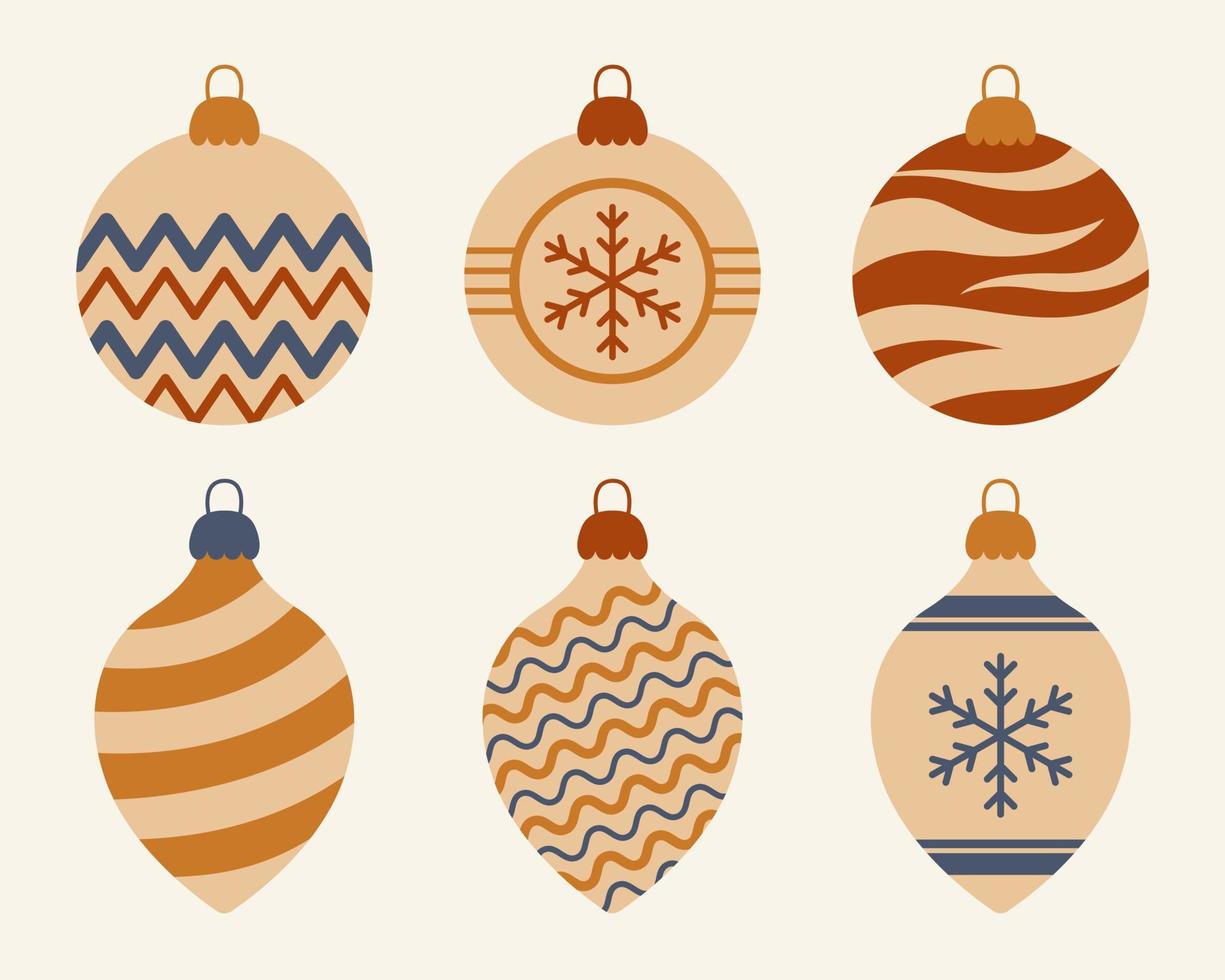 colección de bolas de árbol de Navidad en estilo retro de los años 70 aislado sobre fondo blanco. vector
