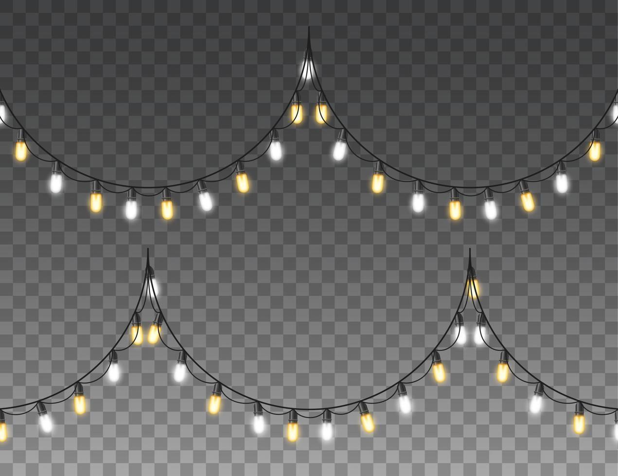 Christmas lights isolated realistic design elements. Glowing lights for christmas Holiday greeting card design. Garlands, Christmas decorations vector