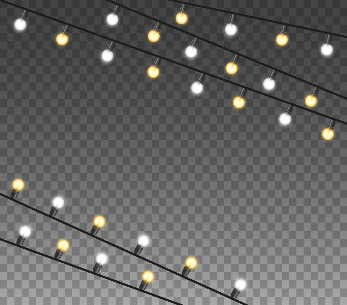Christmas lights isolated realistic design elements. Glowing lights for christmas Holiday greeting card design. Garlands, Christmas decorations vector
