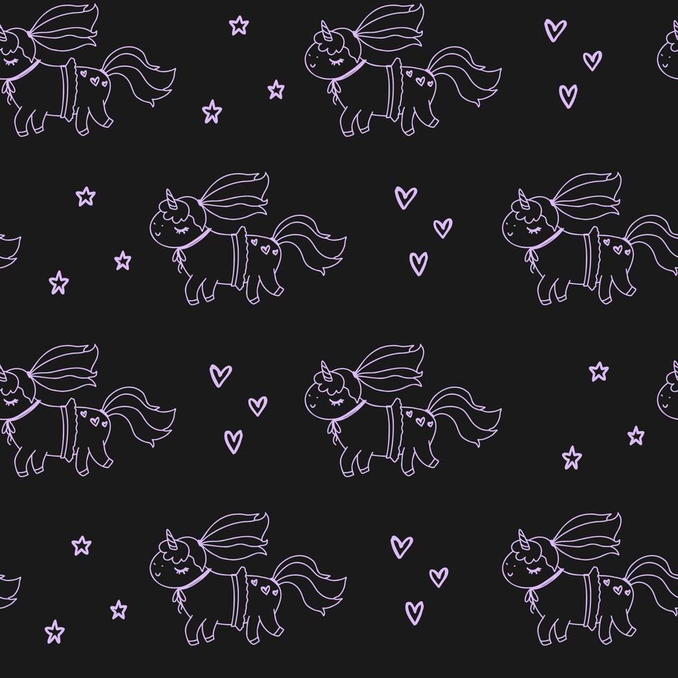 Little cute unicorn line with hearts doodle. Black and pink pattern for paper, baby, scrapbook. vector
