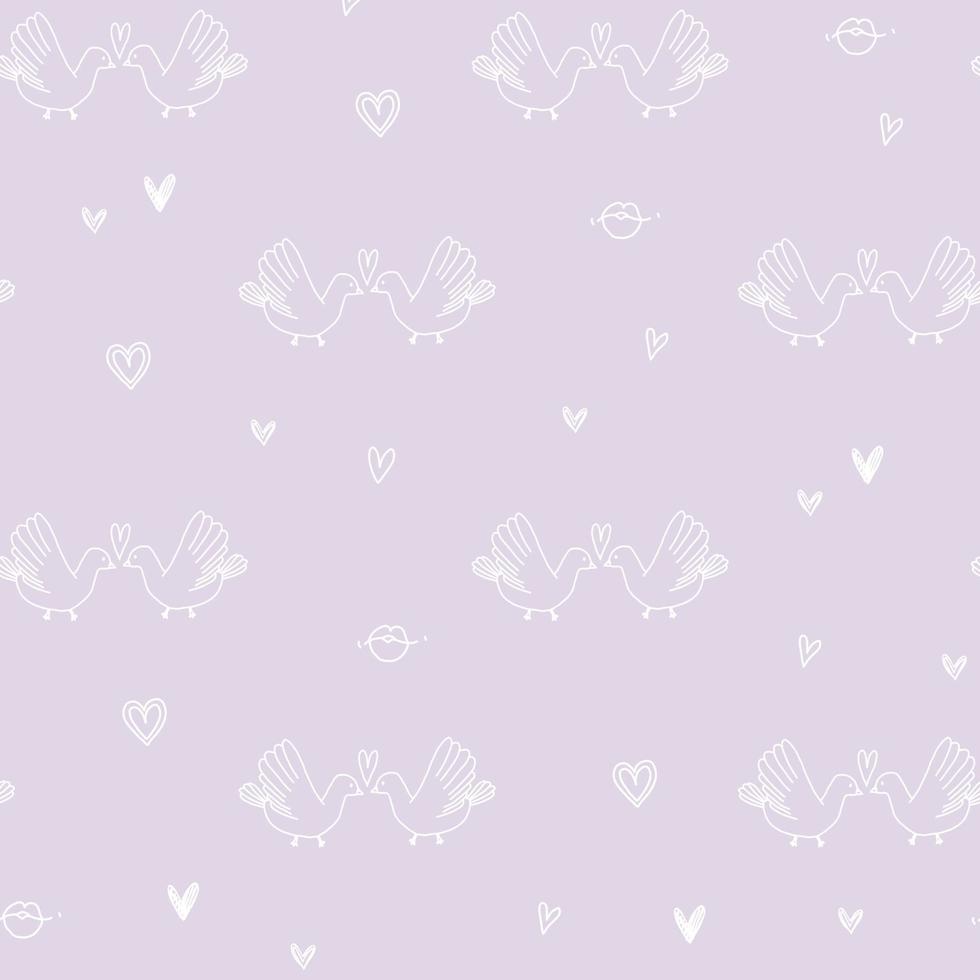 Little cute birds white pigeons kissing with hearts doodle. Pink pastel pattern for wedding, valentine's day, paper, baby, scrapbook. vector