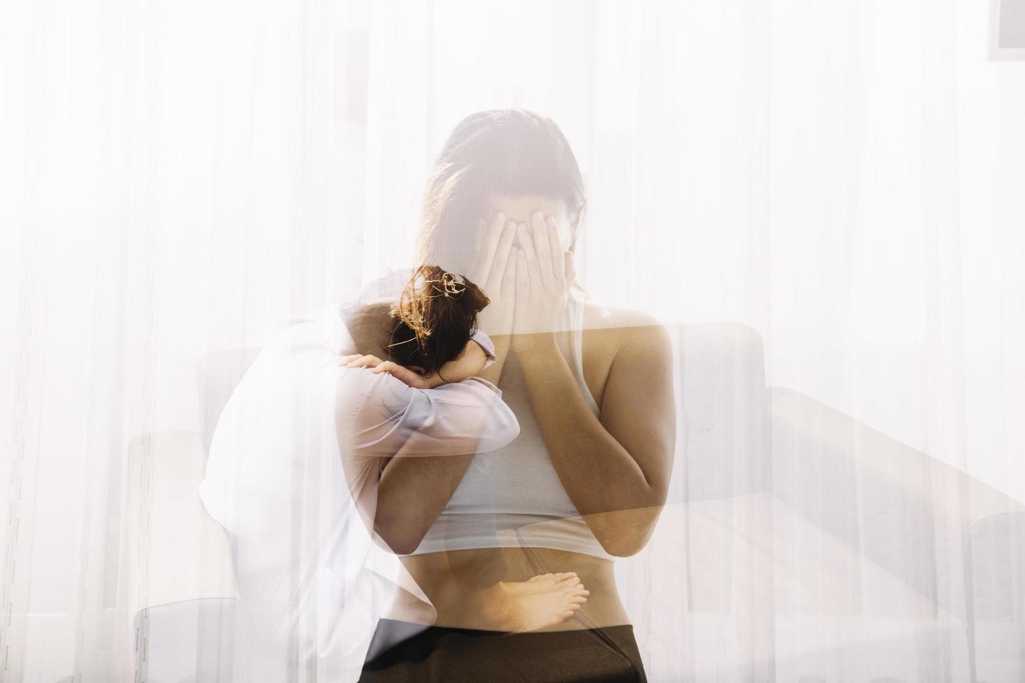 Asian women with stress, She kept herself alone in her bedroom, Depression. photo