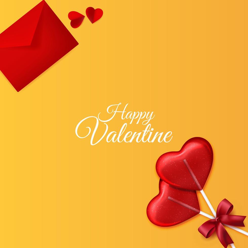 fondo de feliz día de san valentín con sobre y decoraciones de dulces en forma de corazón de amor sobre fondo amarillo vector
