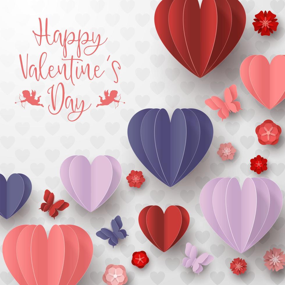 Happy valentines day paper cut style with colorful heart shape in white background vector