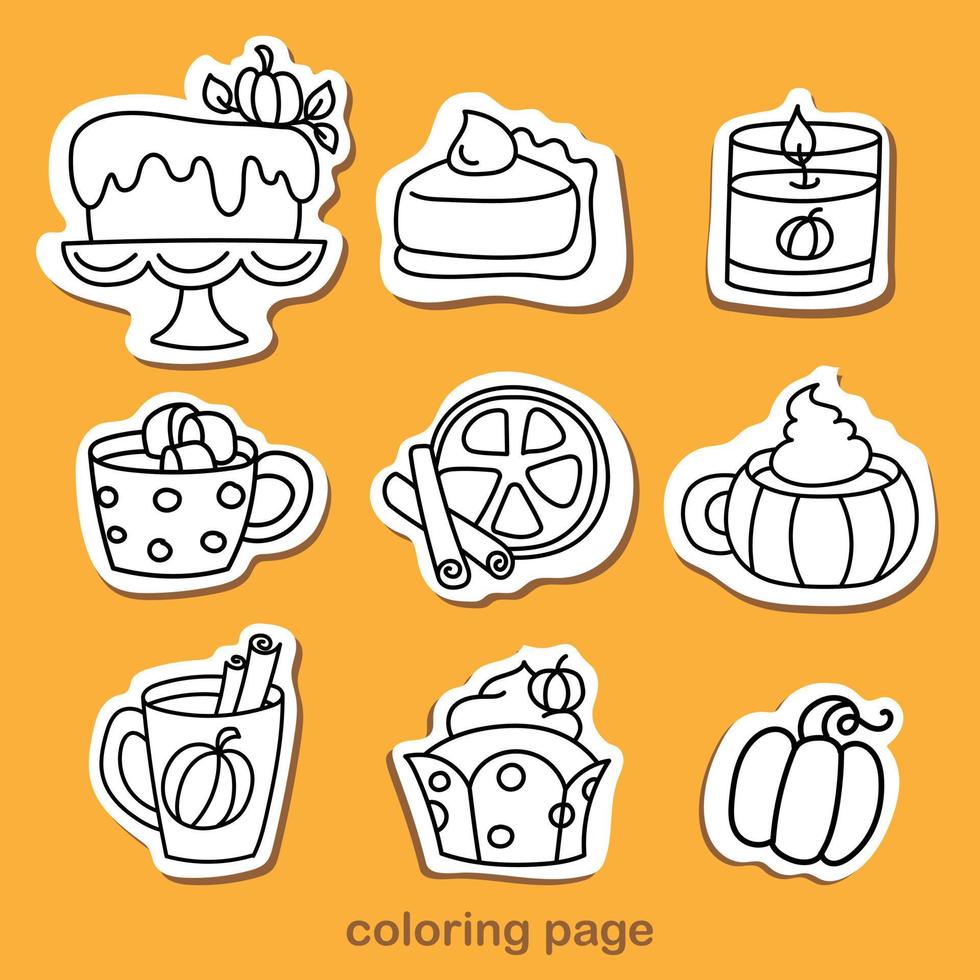 Coloring set. Autumn elements. set of hand drawn thanksgiving doodles for stickers, prints, invitations, cards, coloring pages, invitation templates, etc. vector