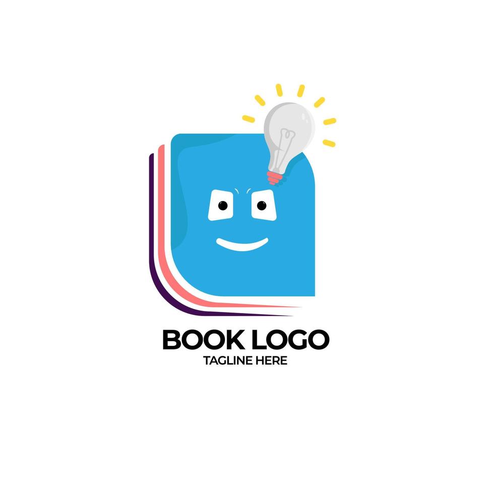 Modern logo book design template with smart smile character and lamp vector illustration