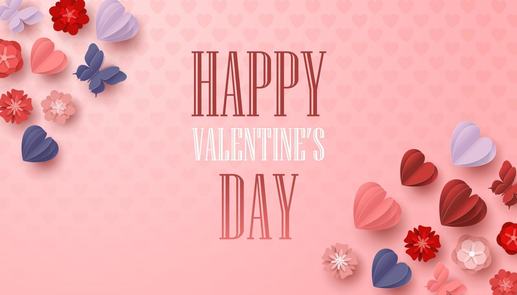 Happy valentines day paper cut style with colorful heart shape in pink background vector