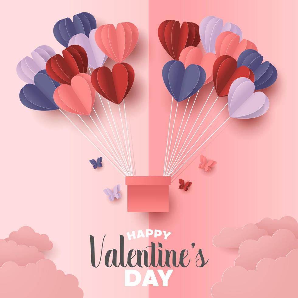 Happy valentines day paper cut style with colorful heart shape in pink background vector