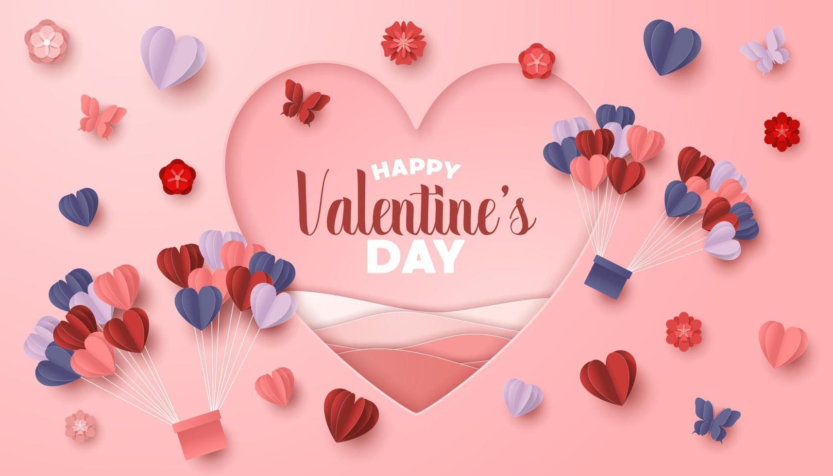 Happy valentines day paper cut style with colorful heart shape in pink background vector