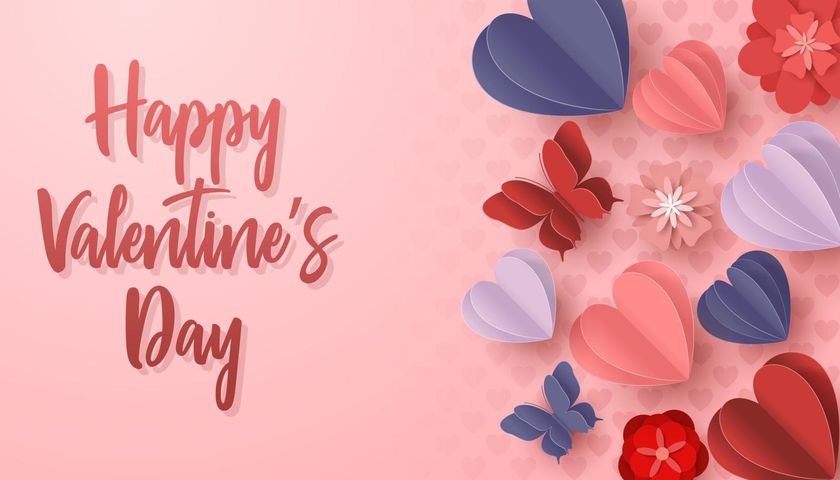 Happy valentines day paper cut style with colorful heart shape in pink background vector