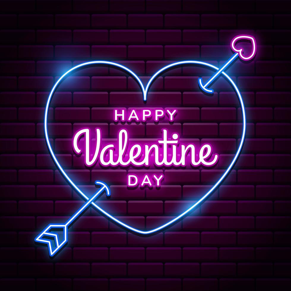 fondo de feliz día de san valentín con corazón de neón vectorial rosa brillante en paredes de ladrillo rojo vector