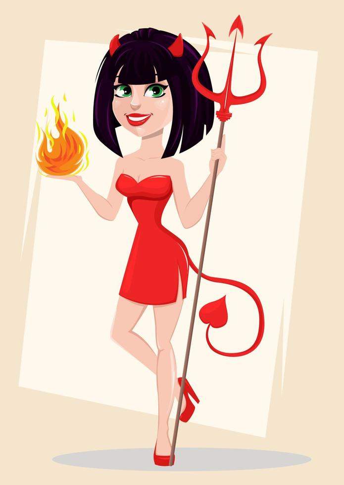 chica diablo para halloween. diablesa sexy con tridente en una mano y llama en la otra. vector