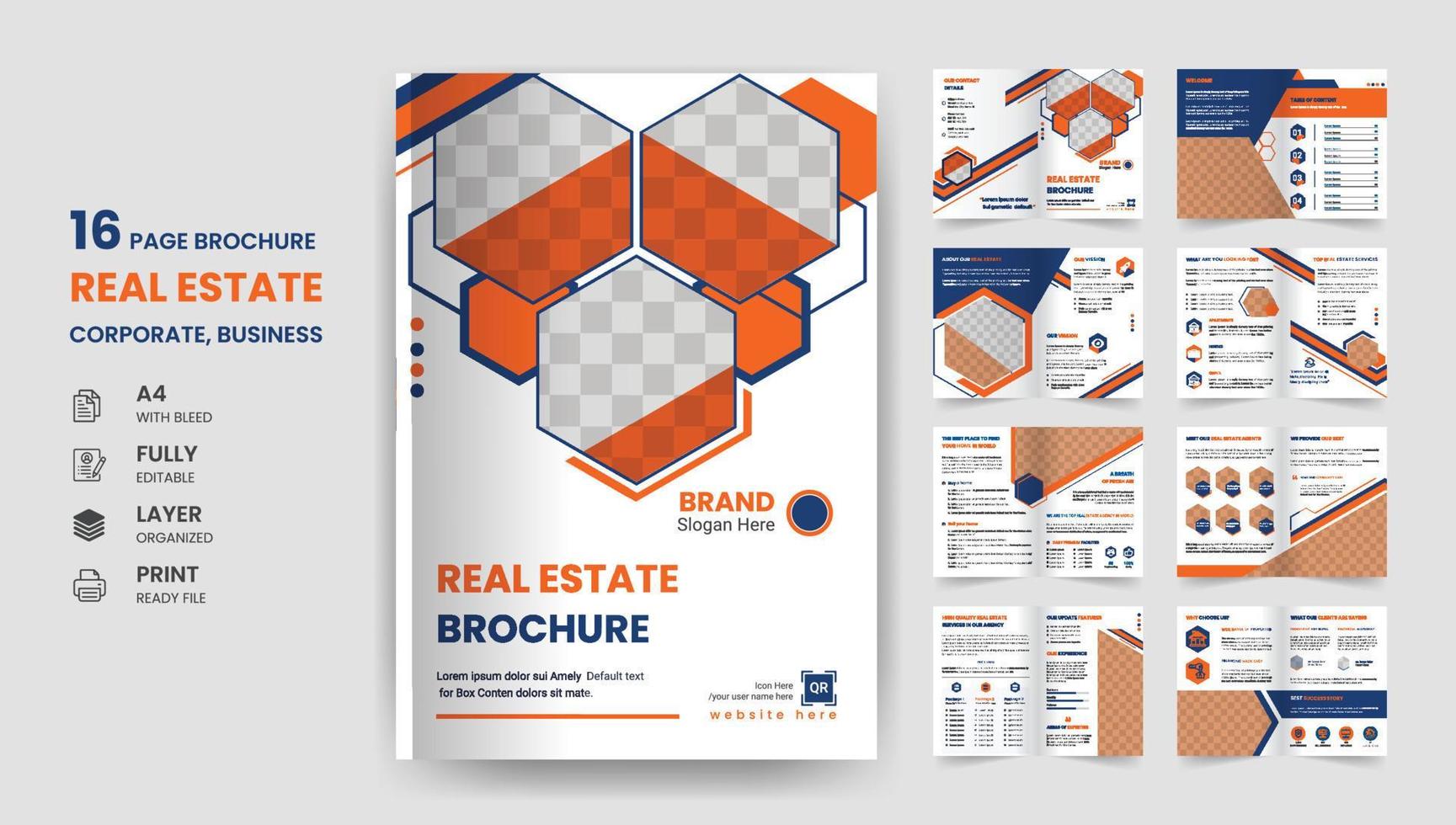 Folleto de bienes raíces de 16 páginas interiores de perfil de empresa corporativa de negocios modernos, marketing, impresión, diseño de plantilla de informe anual. vector