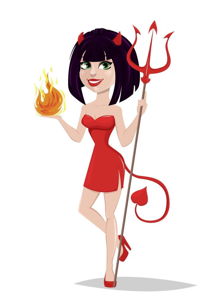 chica diablo para halloween. diablesa sexy con tridente en una mano y llama en la otra. vector