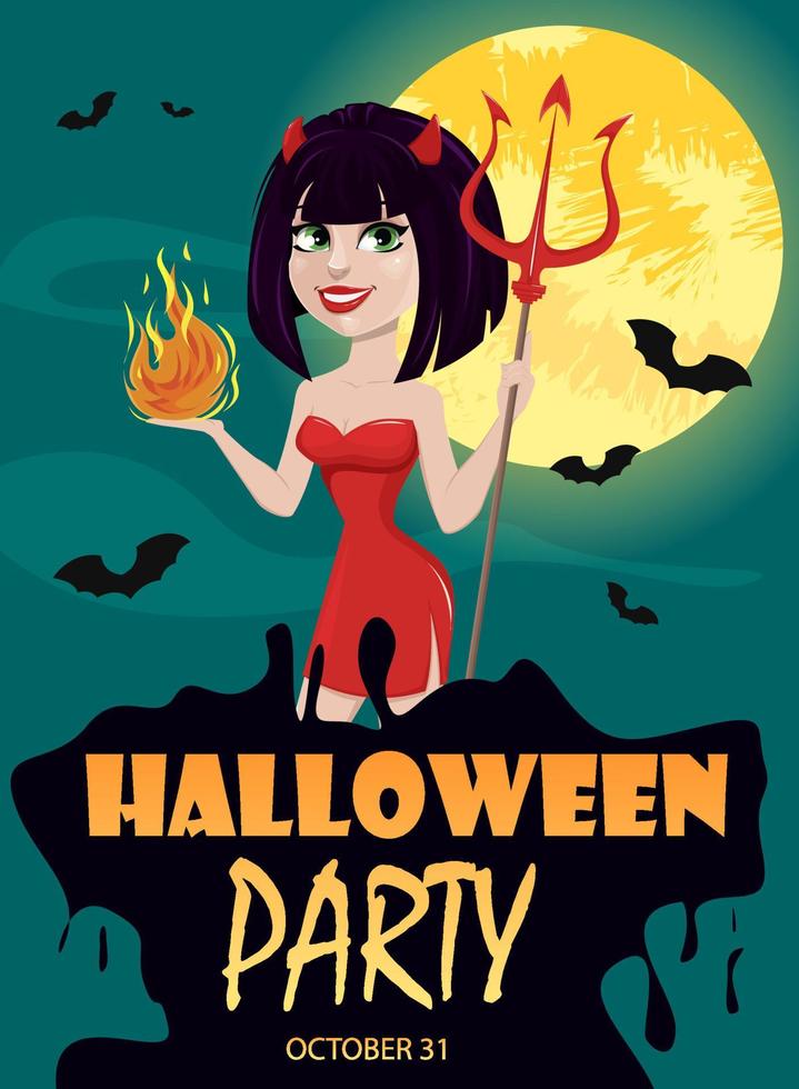 Devil girl for Halloween party invitation. Sexy she-devil with trident in one hand and flame in another. vector