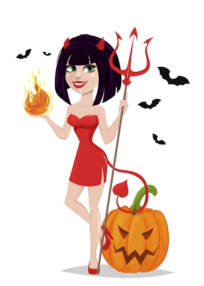 chica diablo para halloween con calabaza y murciélagos. diablesa sexy con tridente en una mano y llama en la otra. vector