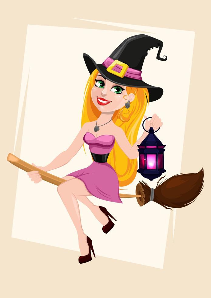 Halloween greeting card. Beautiful lady witch flying on broom and holding lamp. vector