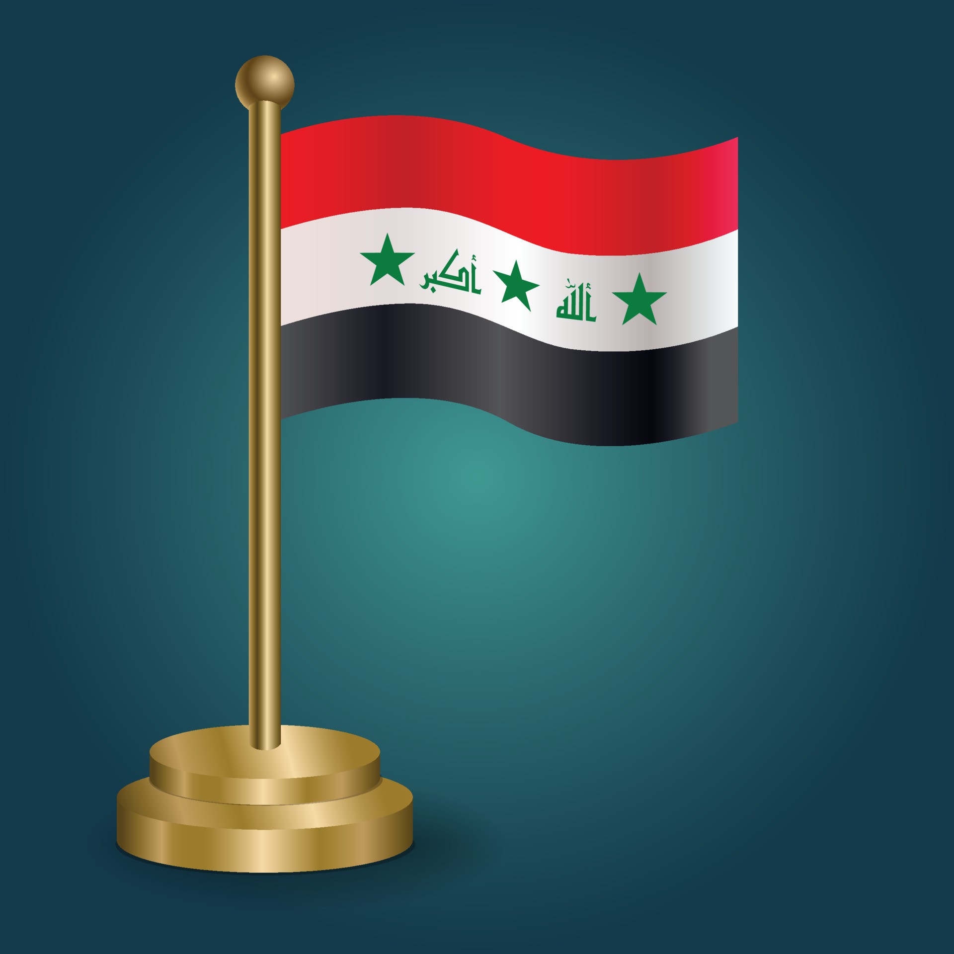 Iraq national flag on golden pole on gradation isolated dark background