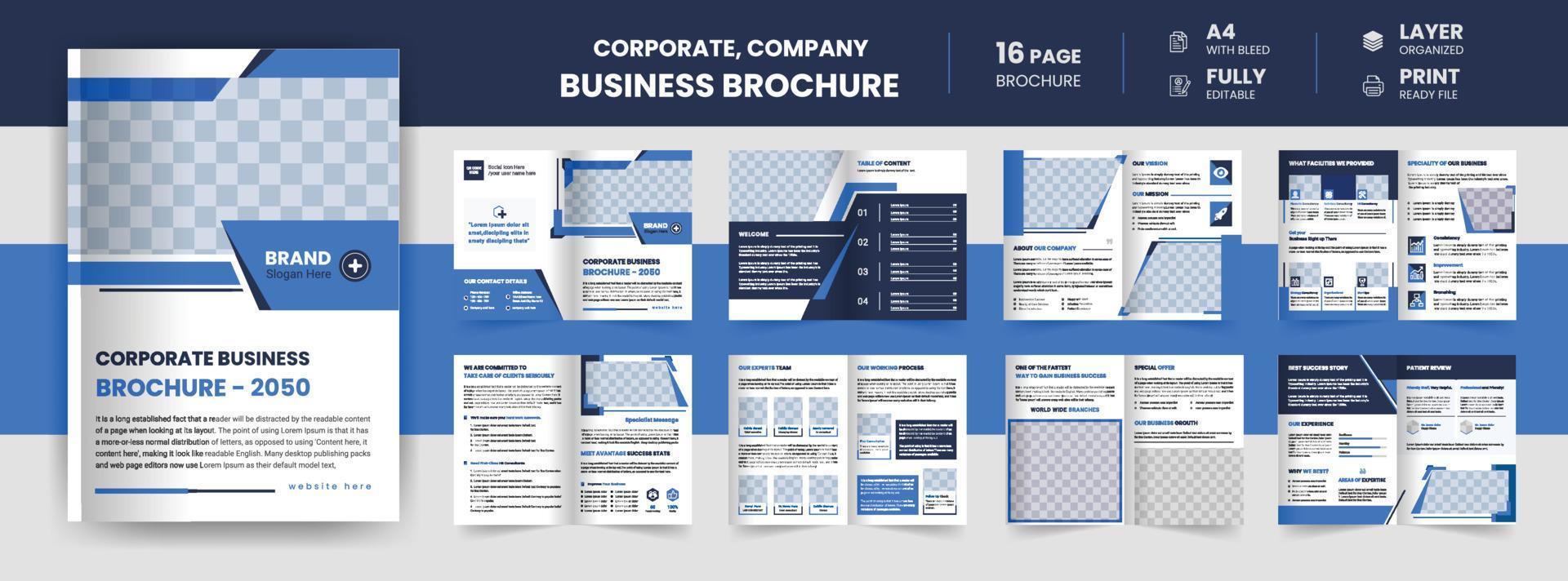 Plantilla de perfil de empresa de guía de presentación de negocios corporativos de 16 páginas, informe anual, tamaño a4, diseño de plantilla de folleto vector