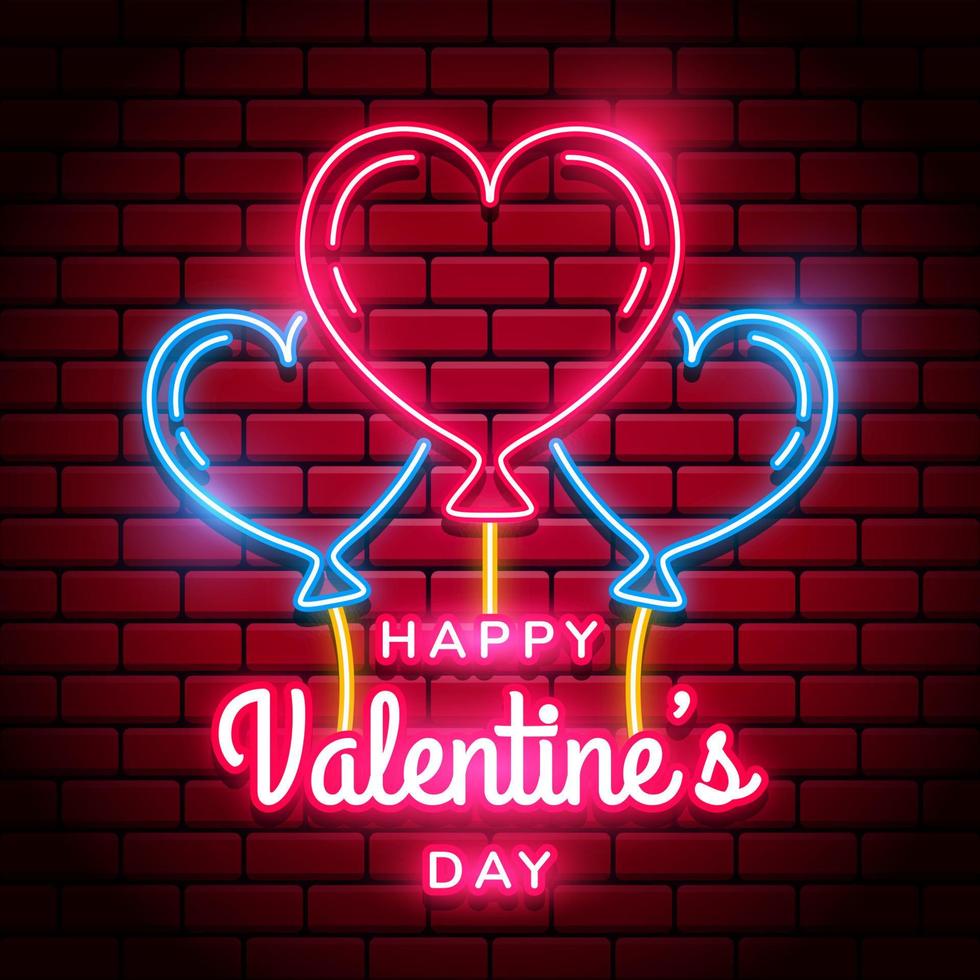 fondo de feliz día de san valentín con corazón de neón vectorial rosa brillante en paredes de ladrillo rojo vector