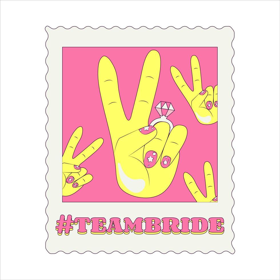 Female Hand Making Peace Gesture Pink Nails with Stars Teambride Bachelorette Party Temporary Hippie Tatto Sticker or Badge vector