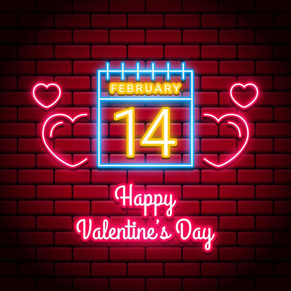 Happy Valentine's Day background with bright pink vector neon heart on red brick walls