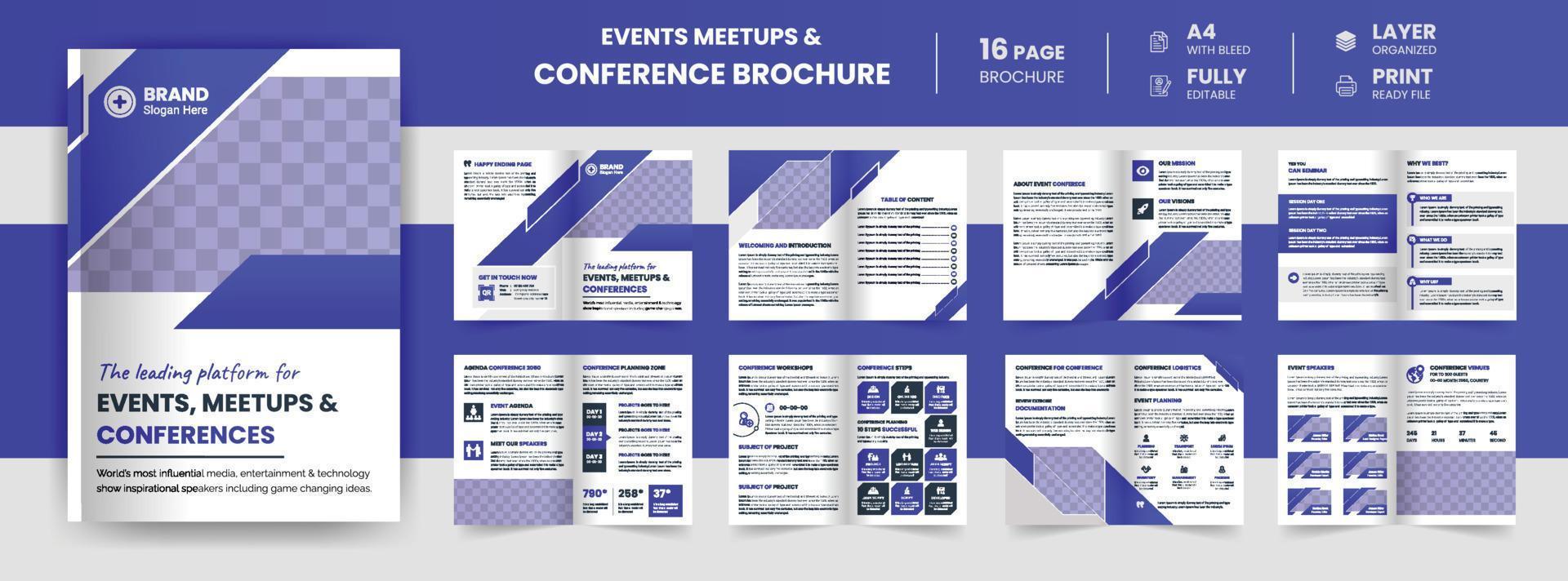 16 Page modern business company annual report, event meetups, and conference brochure design vector