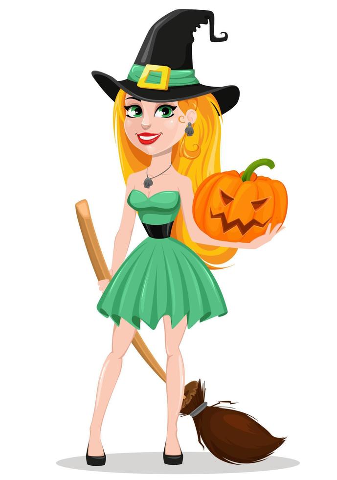 Halloween greeting card. Beautiful lady witch wearing pilgrim hat and holding broom and pumpkin. vector