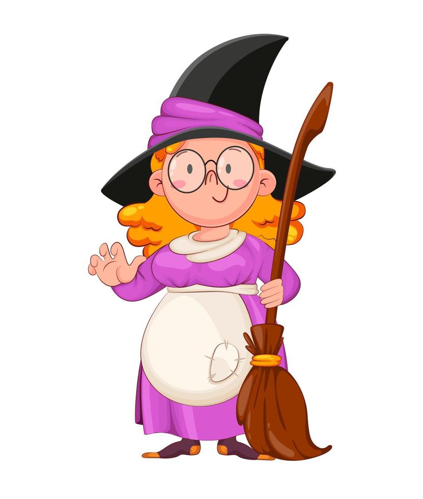 Halloween. Funny witch with broomstick vector