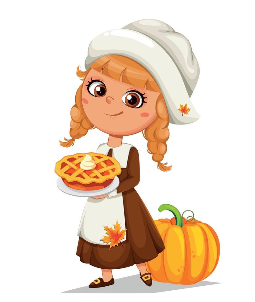 Feliz día de acción de gracias. lindo personaje de dibujos animados de niña peregrina sosteniendo pastel dulce. vector