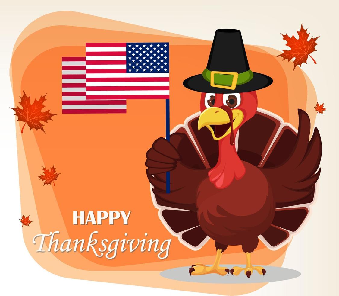 Thanksgiving greeting card with a turkey bird wearing a Pilgrim hat and holding USA flag. vector