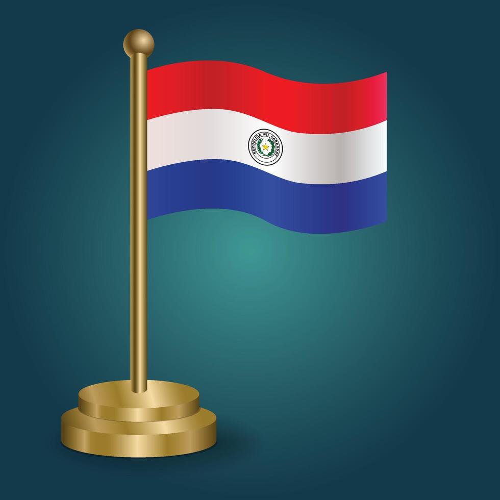 Paraguay national flag on golden pole on gradation isolated dark background. table flag, vector illustration