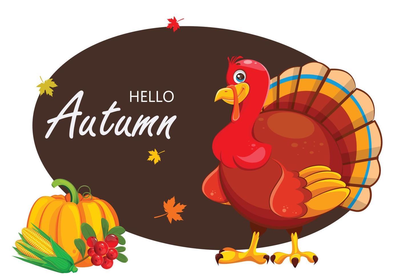 Hello Autumn. Cartoon turkey bird and harvest. vector