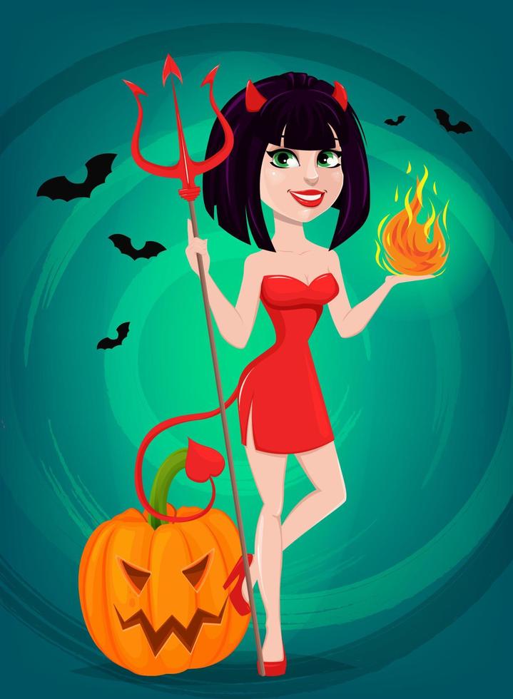 Devil girl for Halloween. Sexy she-devil with trident in one hand and flame in another standing near pumpkin. vector